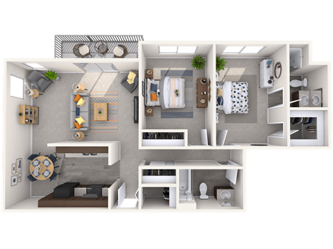 A 3D rendered image of a small apartment layout.